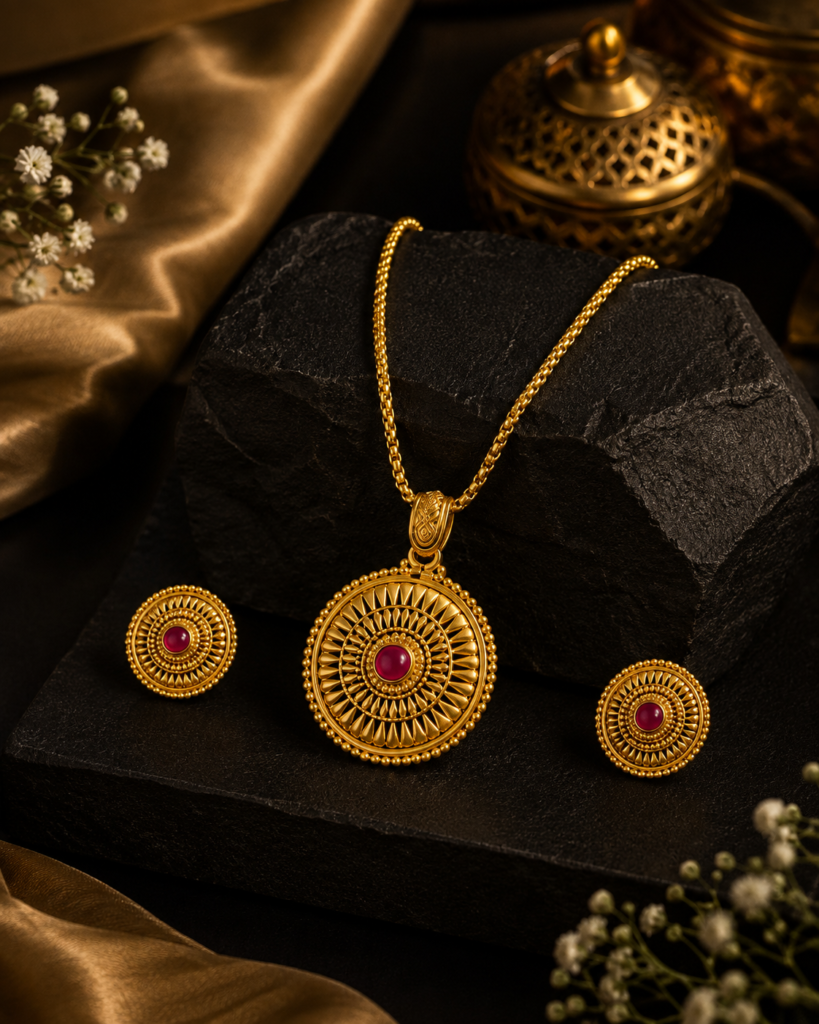 Aaradhya Ruby Chakra Antique Gold Pendant Set alt