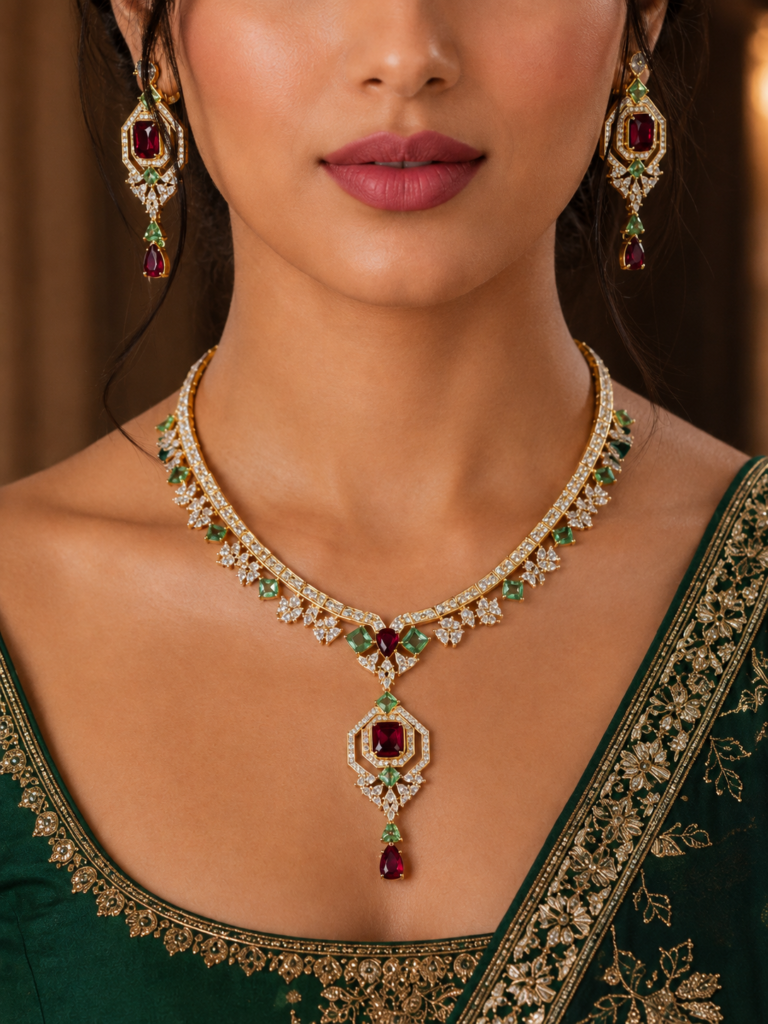 Aurevia Emerald and Ruby AD Necklace Set alt