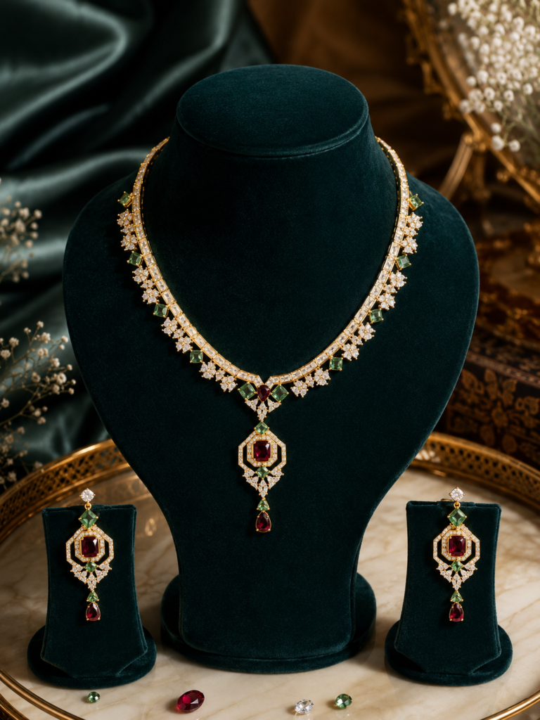 Aurevia Emerald and Ruby AD Necklace Set