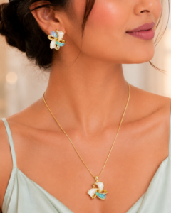 Blue Opal Floral Pendant Necklace Set