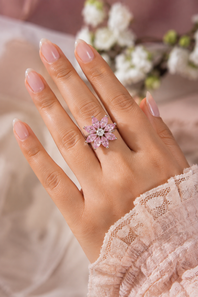 Blush Petal Crystal Bloom Ring