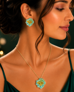 Elegant Aqua Blue Floral Pendant Necklace & Earrings Set