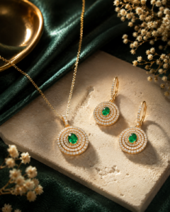 Elegant Emerald Green Round Pendant Necklace & Earrings Set