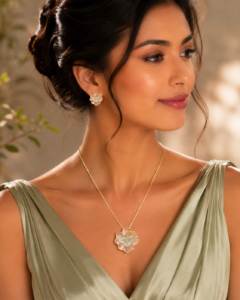 Elegant Peach Floral Pendant Necklace & Earrings Set