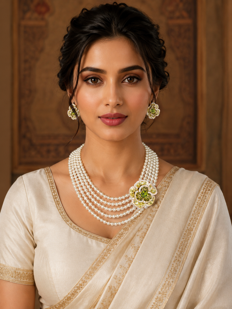 Emerald Rosette Pearl Necklace Set