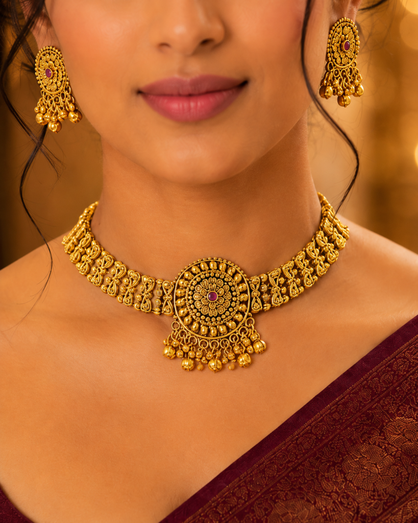 Rajshree Ruby Antique Gold Statement Necklace Set